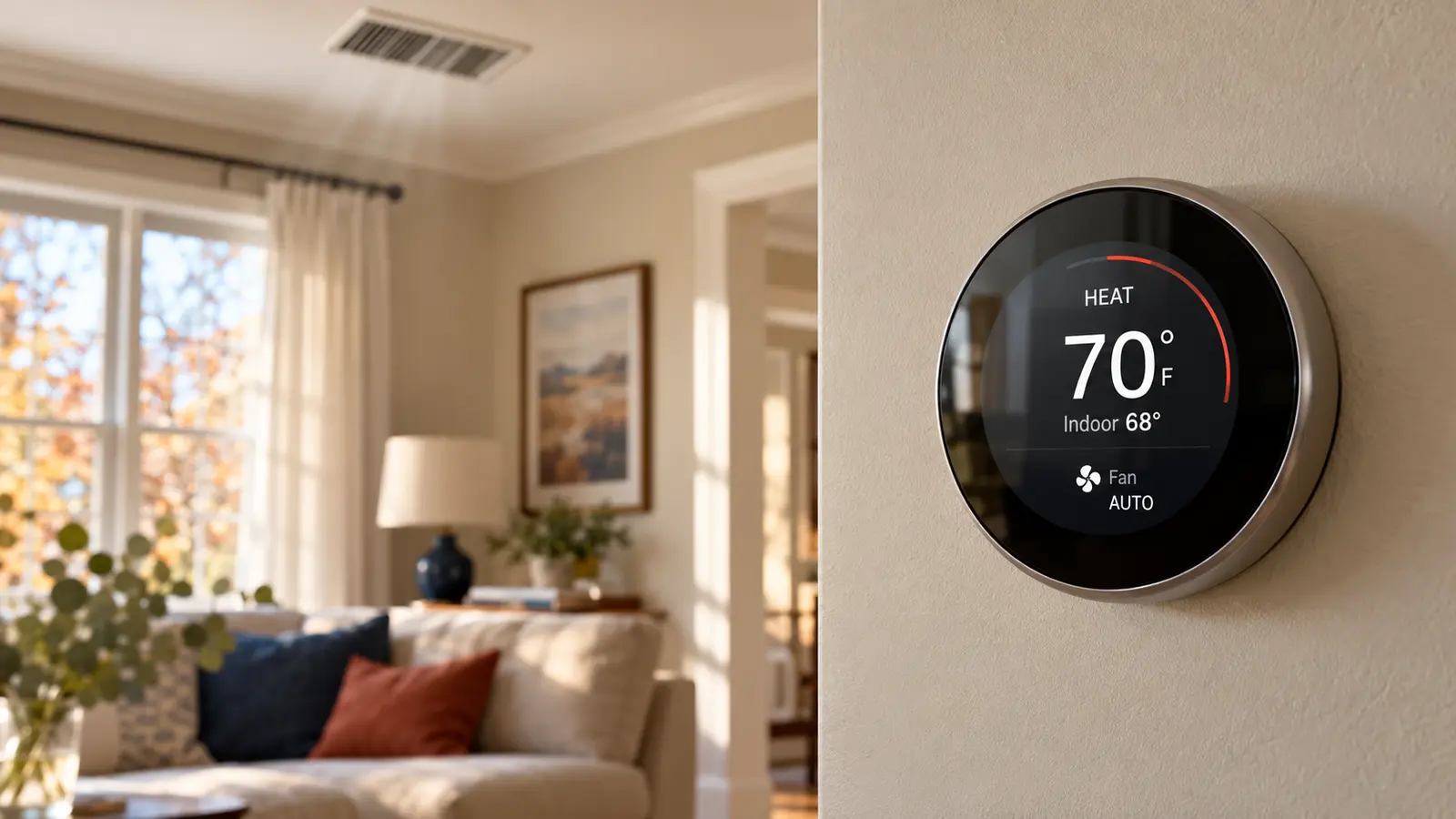 AI-generated editorial image of a thermostat showing Heat 70 degrees, indoor 68 degrees and Fan Auto in a generic North Texas-style home; not a customer home or service visit. AI-generated editorial image of a thermostat showing Heat 70 degrees, indoor 68 degrees and Fan Auto in a generic North Texas-style home; not a customer home or service visit.