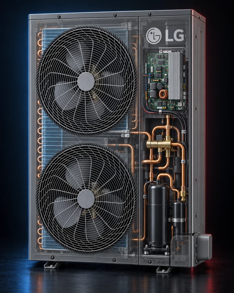 Educational cutaway showing heat pump fans, coil, inverter electronics, reversing valve and compressor; not an exact model diagram