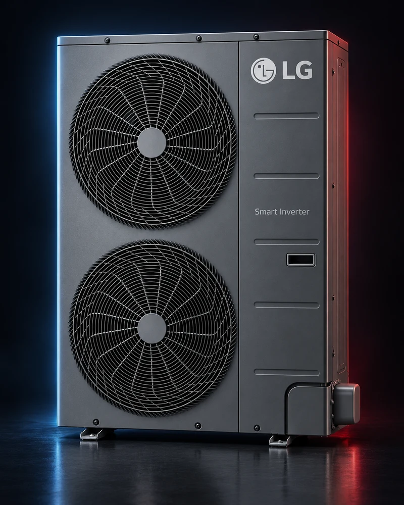 Premium rendering of the black double-fan LG outdoor inverter heat pump