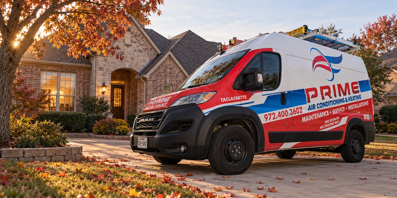 Prime branded service van beside a home with autumn leaves and warm window light